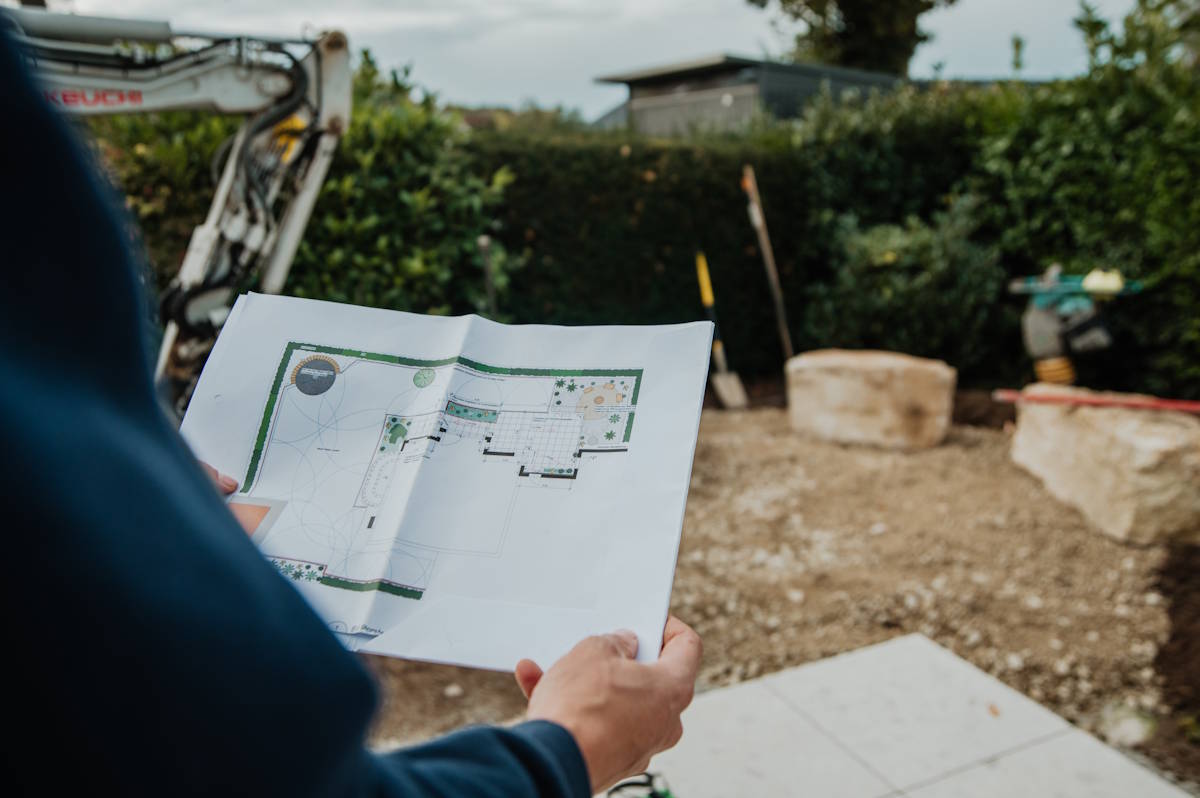 Bilderwelt Gartengestaltung - Gartenplan wird vor Ort nochmal überprüft